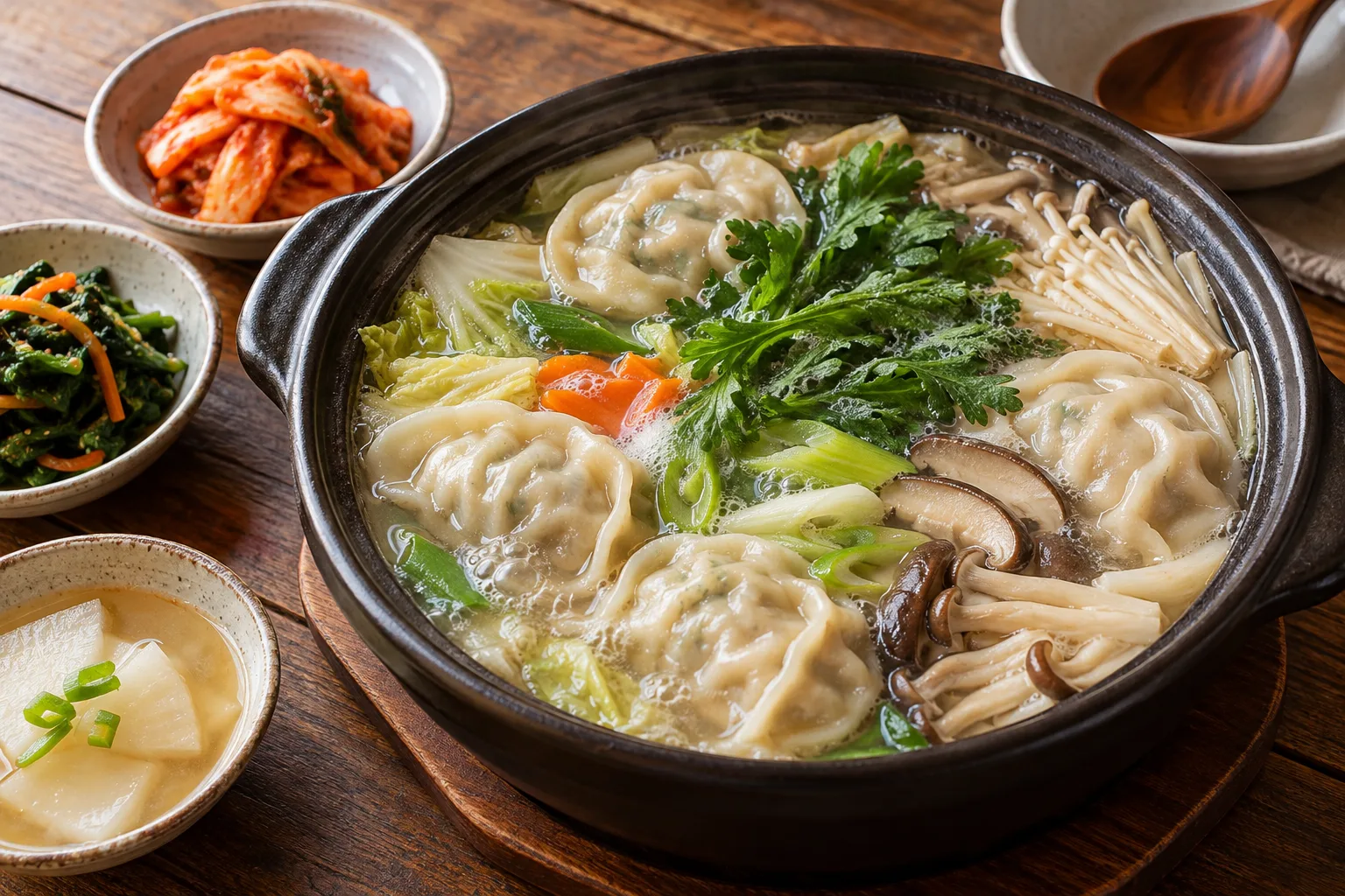 식탁에 차린 만두전골 한 상