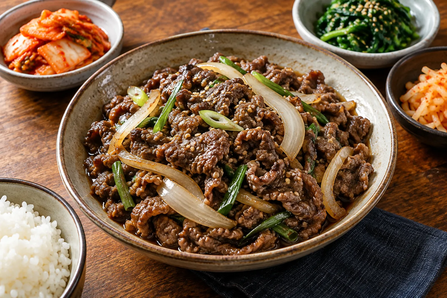 식탁에 차린 등심불고기 한 상
